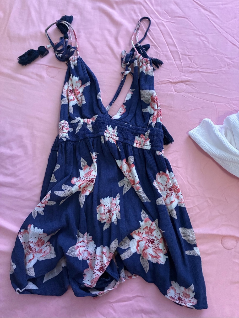 Navy Floral Girls' One-Piece Romper with Pink Bloom Print